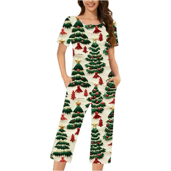 VBTAPA Womens 2 Piece Pajama Set Christma 3D Printed Short Sleeve Tunic Tops with Capri Pants Matching Lounge Set Xmas Jammies Holiday Sleepwear Multicolor#1 XXL