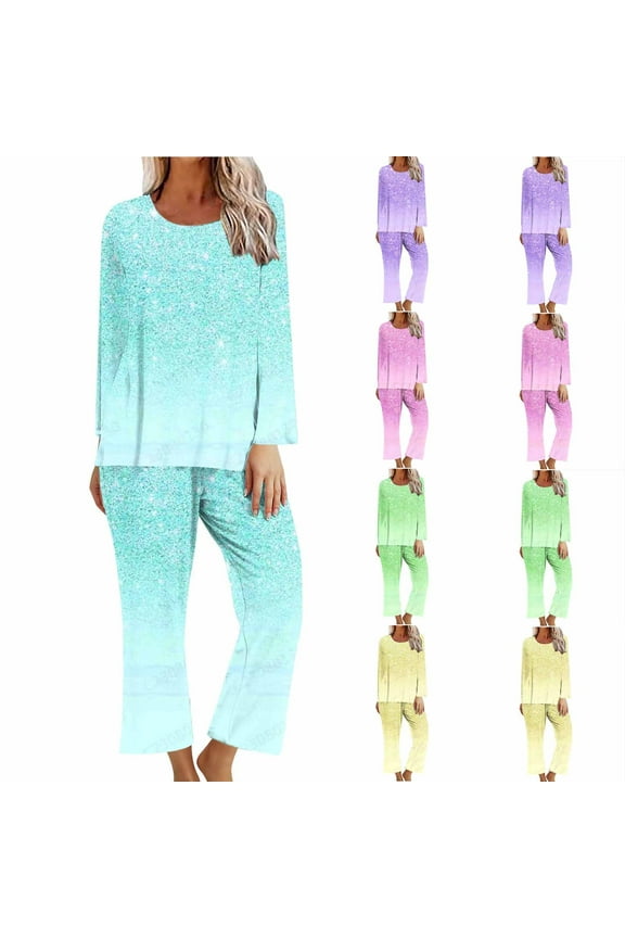 Womens 2 Piece Pajama Set Gradient Sequin Print Long Sleeve Pajamas Top and Wide Leg Pants Matching Pjs Set Soft Loungewear Sleepwear Green S