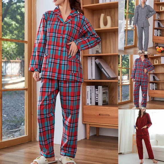 VBTAPA Womens 2 Piece Pajama Set Long Sleeve Plaid Sleepwear Button Down Shirts and Pants Sleepwear Matching Sets Pjs Lounge Set Red XXL