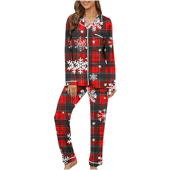 VBTAPA Womens 2 Piece Pajama Sets Christmas Holiday Sleepwear Xmas Tree Printed Button Down Long Sleeve Lounge Pjs Set Matching Jammies Sets Loose Comfy Loungewear Deals of Today Wine S