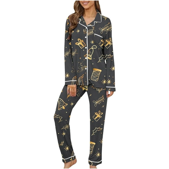 VBTAPA Womens 2 Piece Pajama Sets Christmas Holiday Sleepwear Xmas Tree Printed Button Down Long Sleeve Lounge Pjs Set Matching Jammies Sets Loose Comfy Loungewear Dark Gray XL