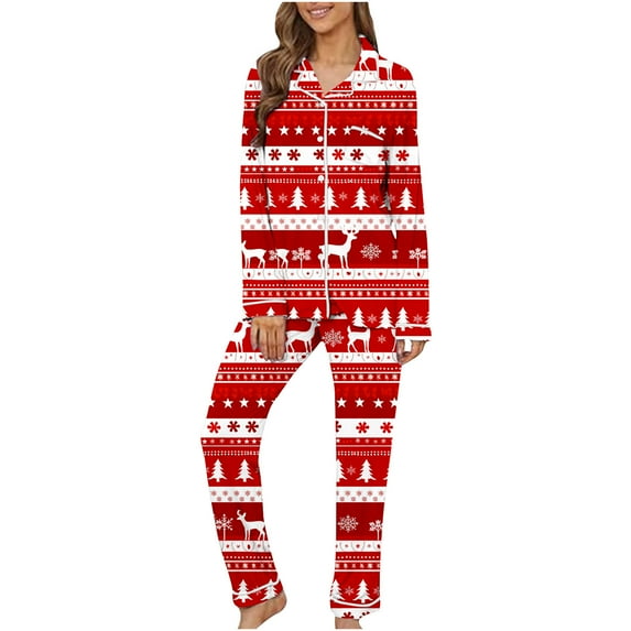 VBTAPA Womens 2 Piece Pajama Sets Christmas Holiday Sleepwear Xmas Tree Printed Button Down Long Sleeve Lounge Pjs Set Matching Jammies Sets Loose Comfy Loungewear Black and Friday Sales Red L
