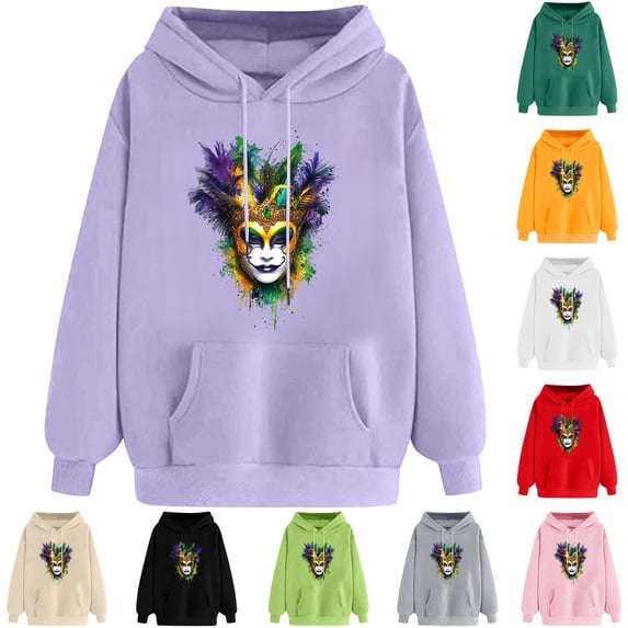 VBTAPA Womens 2026 Mardi Gras Hoodie Carnival Mask Print Long Sleeve Drawstring Hooded Sweatshirt Trendy Casual Pullover Hoodies Gifts for Teen Girls Black XL