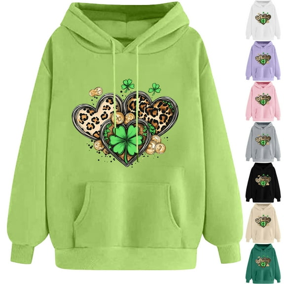 VBTAPA Womens 2025 St Patricks Day Hoodie Lucky Shamrock Print Long Sleeve Drawstring Hooded Sweatshirt Trendy Casual Pullover Hoodies Irish Gifts Army Green S