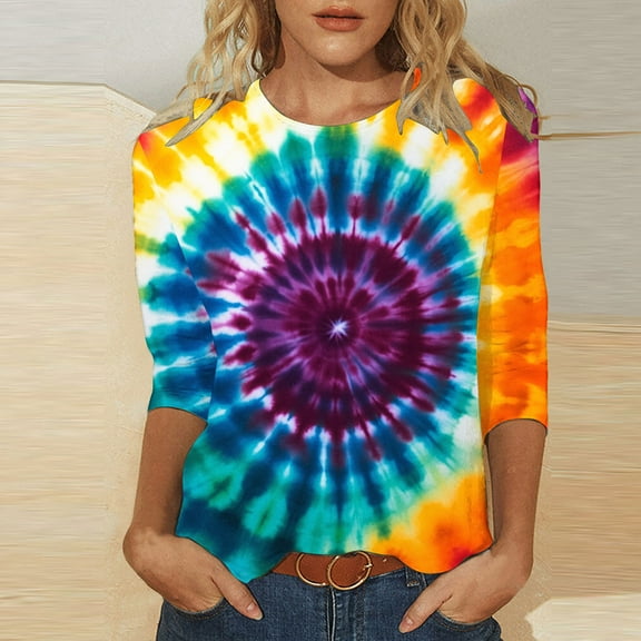 VBTAPA Womens 3/4 Sleeve Crewneck Tops 2025 Fashion Tie Dye Graphic Tees Loose Casual Three Quarter Length Pullover Blouse Lightning Sales Today Multicolor L