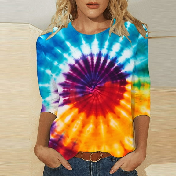 VBTAPA Womens 3/4 Sleeve Crewneck Tops 2025 Fashion Tie Dye Graphic Tees Loose Casual Three Quarter Length Pullover Blouse Sales of Today Multicolor XXXXXL