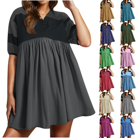 VBTAPA Womens Babydoll Mini Dress Color Block V Neck Short Sleeve Lapel Shirt Dress Summer Casual Beach Sundress Pink XXL