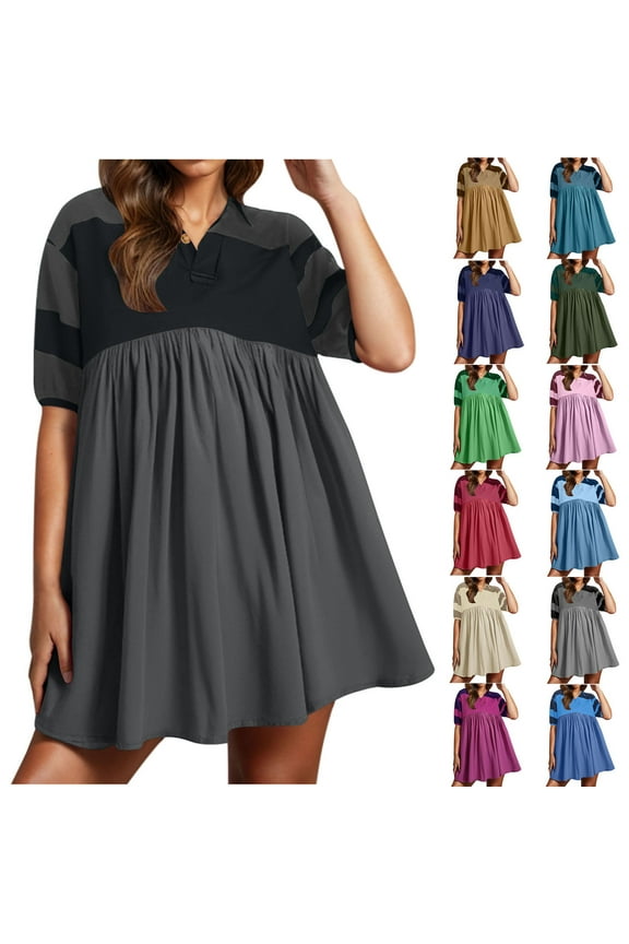 Womens Babydoll Mini Dress Color Block V Neck Short Sleeve Lapel Shirt Dress Summer Casual Beach Sundress Lightning Sales Hot Pink L
