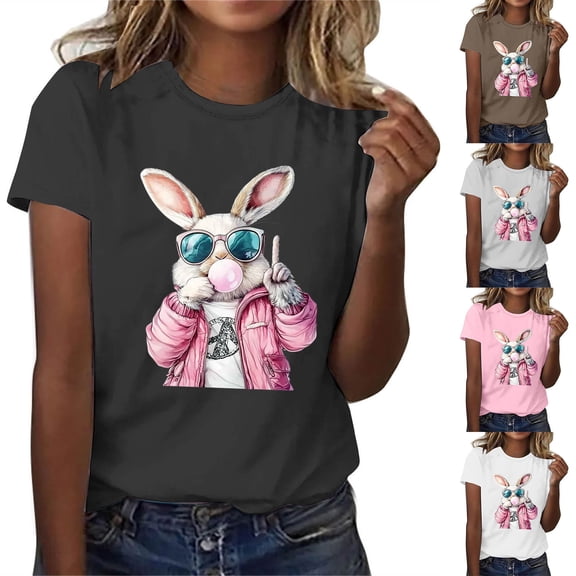 VBTAPA Womens Bunny T-shirts Cute Easter Tops Trendy Summer Short Sleeve Crewneck Graphic Tees Prime Sales of The Day Brown M