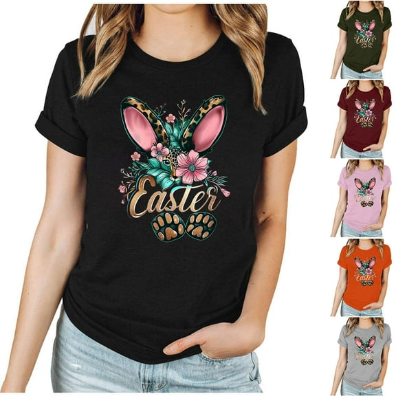 VBTAPA Womens Bunny T-shirts Cute Easter Tops Trendy Summer Short Sleeve Crewneck Graphic Tees Today's Sales Orange XL