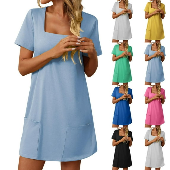 VBTAPA Womens Casual Summer Dresses Soft Cotton Tshirt Dress Square Neck Short Sleeve Mini Dresses with Pockets Lightning Sales Gray L