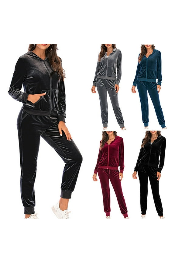 Womens Casual Velour Tracksuit Set Full Zip Hoodie Long Workout Pants Tracksuit Jogging Suits Wine M