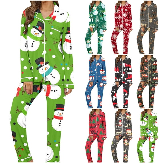 VBTAPA Womens Christmas Pajama Sets 2 Piece Pjs Sleepwear Soft Comfy Loungewear Cute Snowman Printed Long Sleeve Button Down Shirt Matching Pants Set Xmas Gift 2025 Prime Sales of The Day Red L