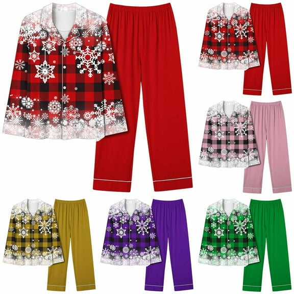 VBTAPA Womens Christmas Pajama Sets Snowflake Plaid Print Long Sleeve Button Down Shirt Elastic Waist Wide Leg Pants Matching Pjs Sets Xmas Jammies Holiday Sleepwear on Sale Green L
