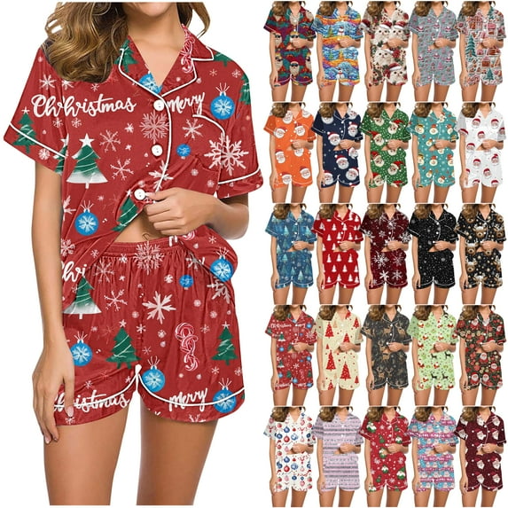 VBTAPA Womens Christmas Pajama Shorts Set Plaid Xmas Tree Printed Short Sleeve Button Down Shirts and Shorts Matching Lounge Pj Sets Holiday Sleepwear Multicolor#10 M