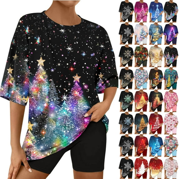 VBTAPA Womens Christmas Shorts Set Oversized Lounge Sets 2 Piece Matching Pajamas Xmas Tree Printed Short Sleeve Tee Top and Shorts Lounge Tracksuit B-Dark Gray L