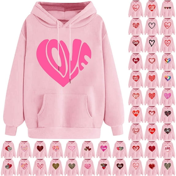 VBTAPA Womens Cute Hoodies, Love Heart Graphic Hooded Sweatshirt Trendy Casual Long Sleeve Drawstring Pullover Hoodie with Kangaroo Pocket Pink S