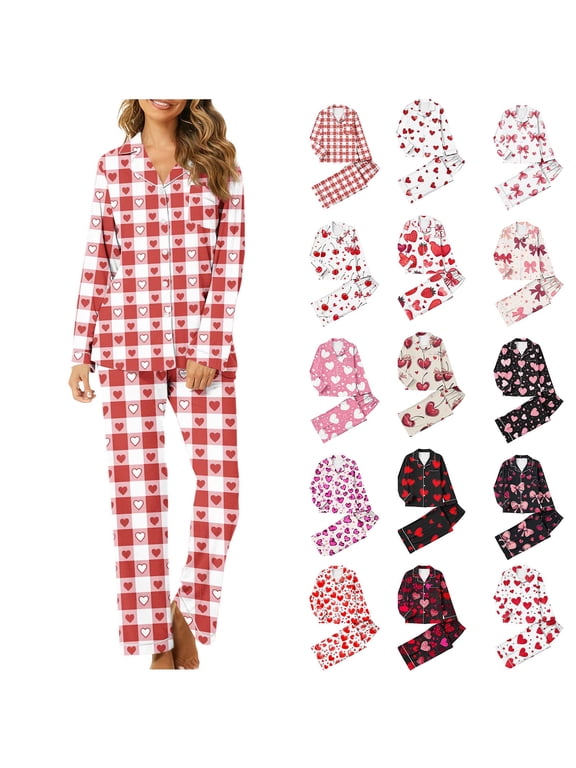Womens Cute Pajamas Sets 2 Piece Long Sleeve Lounge Set Love Heart Printed Pj Sets Loose Comfy Loungewear Set Multicolor M