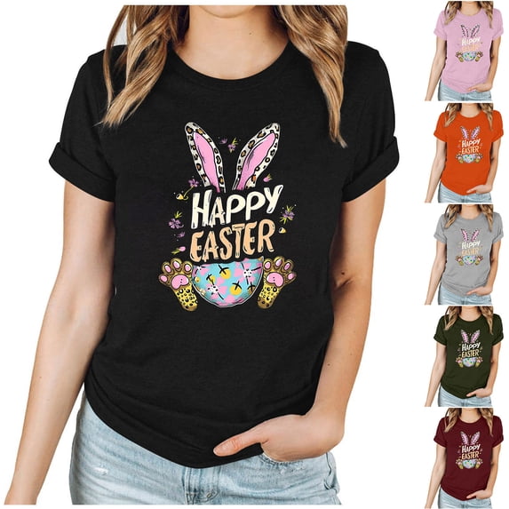 VBTAPA Womens Easter T-shirts Funny Cute Bunny Eggs Print Round Neck Short Sleeve Tops Novelty Holiday Graphic Tees Big Sales Today Black L