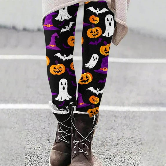 VBTAPA Womens Halloween Leggings Novelty Holiday Party Tights Funny Cute Printed High Waist Stretch Yoga Running Pants Buttery Soft Ankle Length Leggings Back to School Prime Sales Black XL