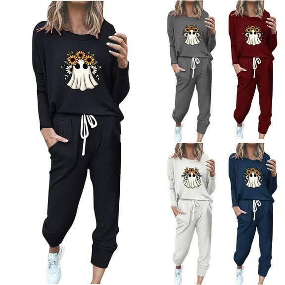 VBTAPA Womens Halloween Sweatsuits 2 Piece Set Fall Pumpkin Ghost Sweatshirt and Sweatpants Lounge Track Suits Spooky Season Outfits Navy XXXL
