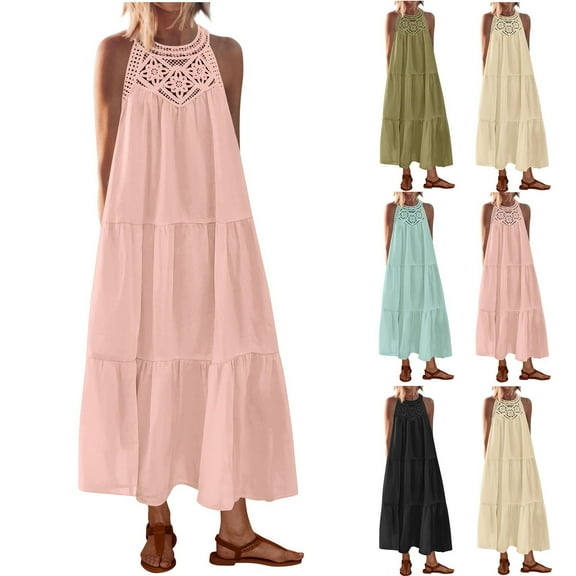 VBTAPA Womens Halter Neck Maxi Dress Hollow Out Lace Trim Casual Summer Dresses Flowy Tiered Sundress Holiday Sales Black XL