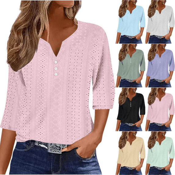 VBTAPA Womens Henley Tunic Tops 3/4 Sleeve Button Up Tshirts Dressy Casual Vneck Eyelet Casual Blouses Sales of the Day White S