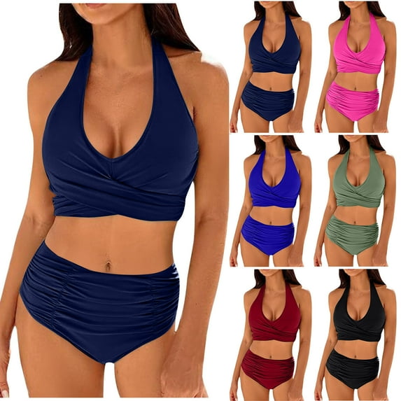 VBTAPA Womens High Waisted Bikini Sets Tummy Control Bathing Suits Halter Two Piece Swimsuit Modest Bikini 2025 Clearance Sale Black S