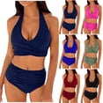 thumbnail image 1 of VBTAPA Womens High Waisted Bikini Sets Tummy Control Bathing Suits Halter Two Piece Swimsuit Modest Bikini 2025 Clearance Sale Blue XXL, 1 of 7