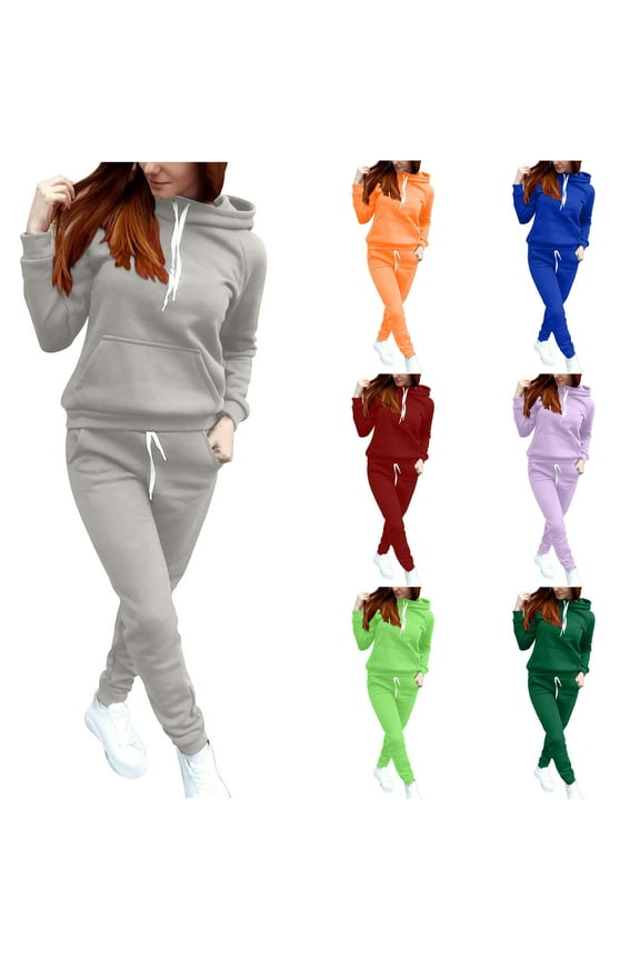 Womens Hoodie Sweatsuit 2 Piece Long Sleeve Hooded Sweatshirt and Sweatpants Set Solid Casual Tracksuit Comfy Jogging Matching Suits with Pockets Limited Time Deal Gray XXL