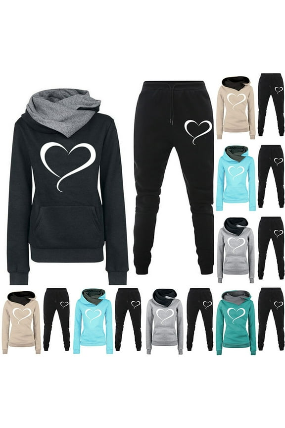 Womens Hoodie Sweatsuit Cute Heart Print Long Sleeve Sweatshirt and Drawstring Waist Pants 2 Piece Casual Tracksuit Soft Comfy Jogger Sets with Pockets Deal of The Day Prime Sky Blue XXXL