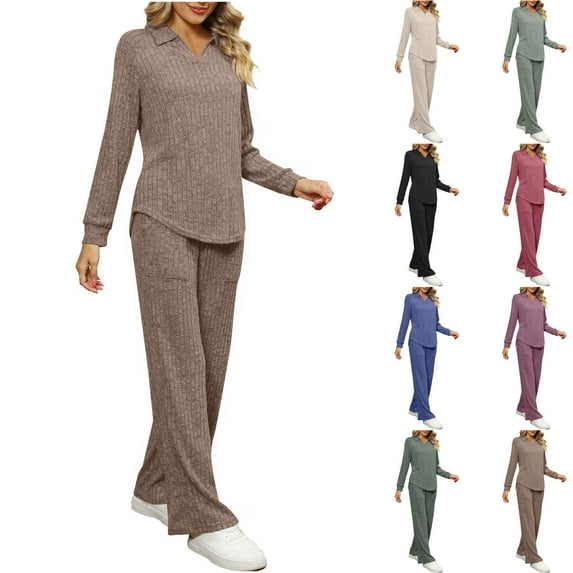 VBTAPA Womens Knit 2 Piece Set Lapel V Neck Top and Wide Leg Pants Matching Lounge Set Dressy Casual Fall Outfits Green XXL