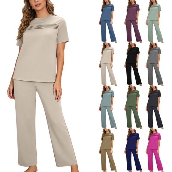 VBTAPA Womens Lounge Set 2 Piece Pajama Sets Short Sleeve Pleated Front T-shirt and Wide Leg Pants Matching Summer Loungewear Gray M