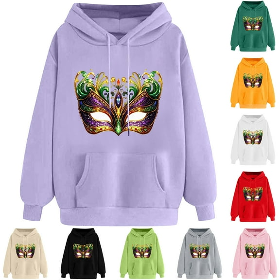 VBTAPA Womens Mardi Gras Hoodie Novelty 3D Graphic Printed Hooded Sweatshirt Carnival Themed Print Drawstring Long Sleeve Pullover Tops Parade Party Sweatshirt Gray XXL