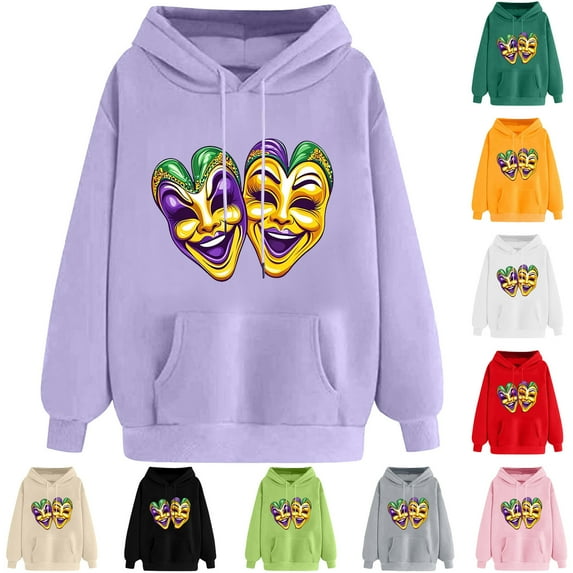 VBTAPA Womens Mardi Gras Hoodie Novelty 3D Graphic Printed Hooded Sweatshirt Carnival Themed Print Drawstring Long Sleeve Pullover Tops Parade Party Sweatshirt Purple L