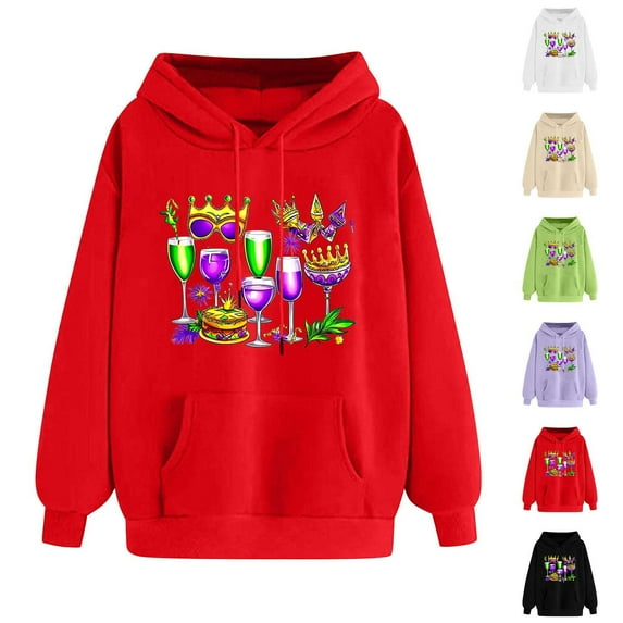 VBTAPA Womens Mardi Gras Hoodie Novelty 3D Graphic Printed Hooded Sweatshirt Carnival Themed Print Drawstring Long Sleeve Pullover Tops Parade Sweatshirt on Sale Green S