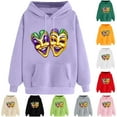 thumbnail image 1 of VBTAPA Womens Mardi Gras Hoodies Funny Mask Graphic Hooded Sweatshirt Carnival Themed Print Long Sleeve Drawstring Pullover Hoodie Holiday Hoody Tops Purple S, 1 of 6