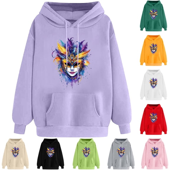VBTAPA Womens Mardi Gras Hoodies Funny Mask Graphic Hooded Sweatshirt Carnival Themed Print Long Sleeve Drawstring Pullover Hoodie Holiday Hoody Tops Beige M