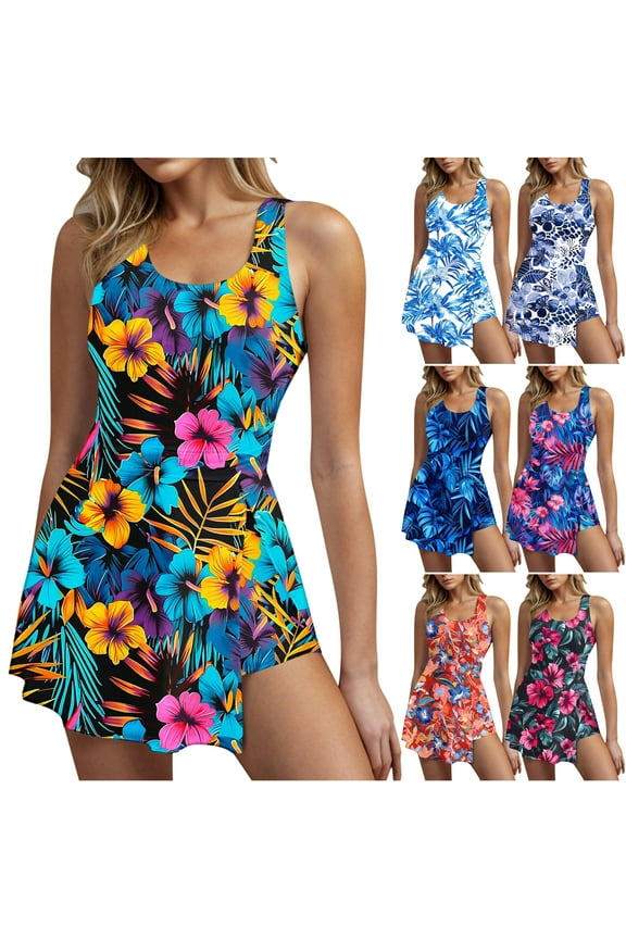 One Piece Swim Dress Swimsuits for Women Floral Print Bathing Suits Tummy Control Swimwear Beach Resort Wear Multicolor L