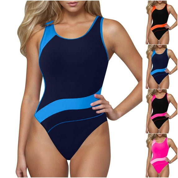 VBTAPA Womens One Piece Swimsuit Tummy Control Sporty Slimming Bathing Suit Color Block Full Coverage Swimwear Daily Sales Blue XL