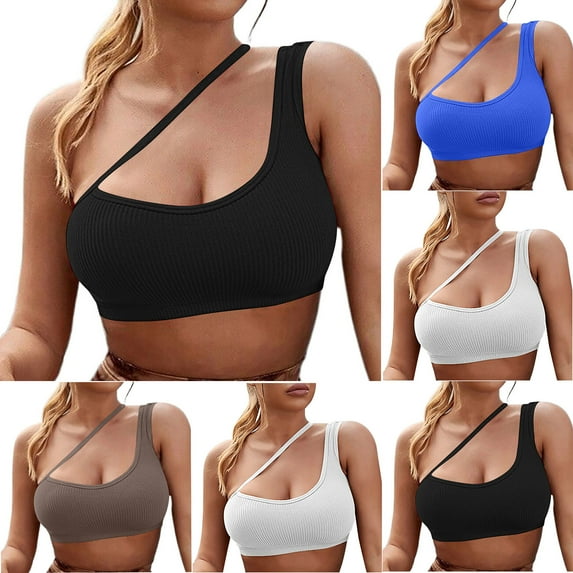 VBTAPA Womens One Shoulder Sports Bra Medium Support Asymmetrical Workout Yoga Bras Ribbed Knit Gym Crop Tank Top 90% off Clearance Sale Blue XL