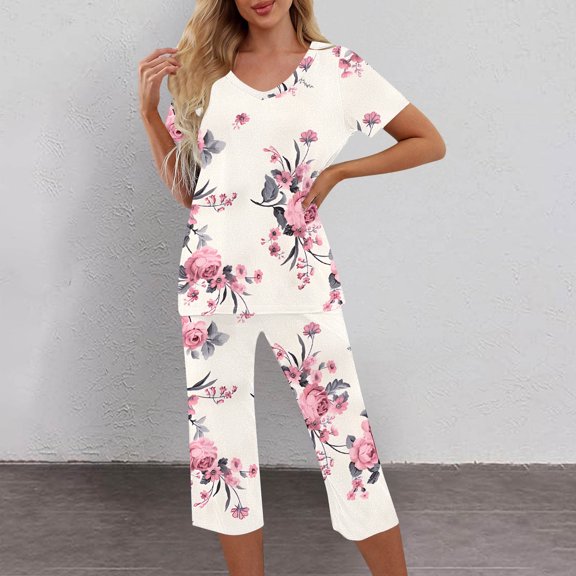 VBTAPA Womens Pajama Set 2 Piece Lounge Outfits Summer Sleepwear Floral Printed V Neck Short Sleeve Top and Capri Pants with Pockets Ladies Pjs White L