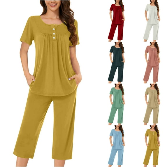 VBTAPA Womens Pajama Sets 2 Piece Lounge Set Short Sleeve Button Tunic Top with Capri Pants Solid Pjs Sets Soft Comfy Sleepwear Loungewear with Pockets Today's Deals Green L