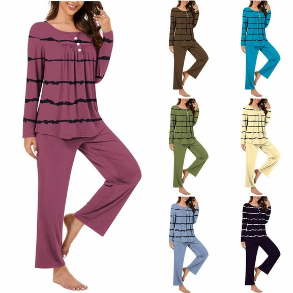 VBTAPA Womens Pajama Sets 2 Piece Striped Sleepwear Soft Comfy Loungewear Long Sleeve Button Tunic Tops and Wide Leg Pants Matching Pj Lounge Set Army Green L