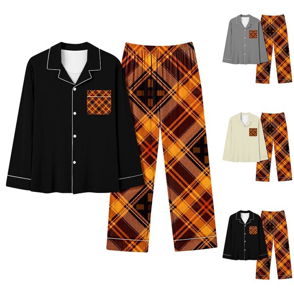 VBTAPA Womens Pajama Sets Halloween Print Long Sleeve Button Down Shirt and Plaid Pants 2 Piece Pjs Lounge Set Holiday Sleepwear Black S