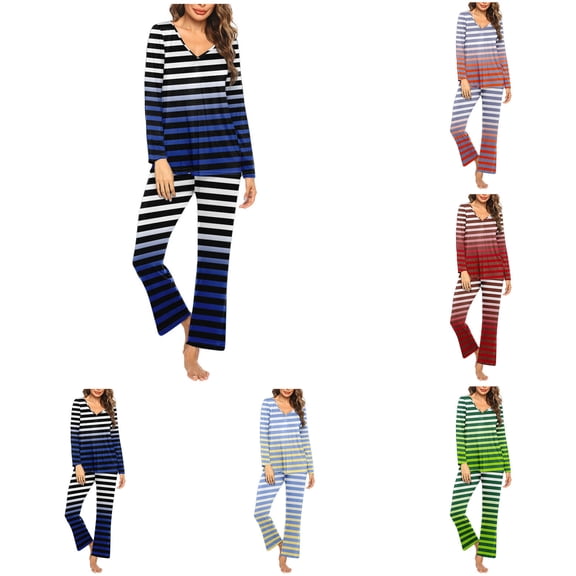 VBTAPA Womens Pajama Sets Trendy Gradient Striped Print Long Sleeve V Neck Tunic Tops Elastic Waist Pants 2 Piece Lounge Outfits Loose Comfy Sleepwear Wine S