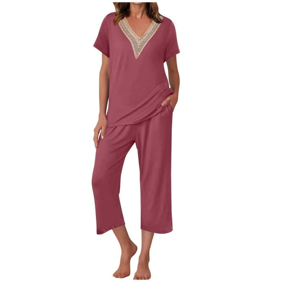 VBTAPA Womens Pajama Sets Lace V Neck Lounge Sets 2 Piece Loungewear Pj Set Short Sleeve Tops and Capri Pants Matching Sets with Pockets Pink XL