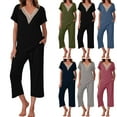 thumbnail image 1 of VBTAPA Womens Pajama Sets Lace V Neck Lounge Sets 2 Piece Loungewear Pj Set Short Sleeve Tops and Capri Pants Matching Sets with Pockets Winter Savings Blue XL, 1 of 8