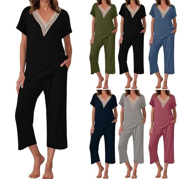 VBTAPA Womens Pajama Sets Lace V Neck Lounge Sets 2 Piece Loungewear Pj Set Short Sleeve Tops and Capri Pants Matching Sets with Pockets Winter Savings Blue XL