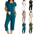 thumbnail image 1 of VBTAPA Womens Pajama Sets Short Sleeve Pleated Top and Capri Pants Matching Pjs Set Soft Comfy Sleepwear Solid Color Lounge Sets with Pockets Black XL, 1 of 8